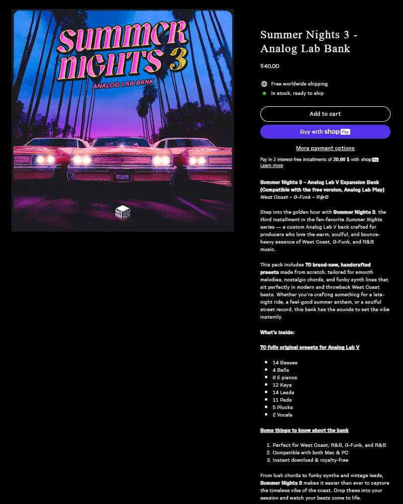 Summer Nights 3 – 70 West Coast & G-Funk Presets for Analog Lab V
